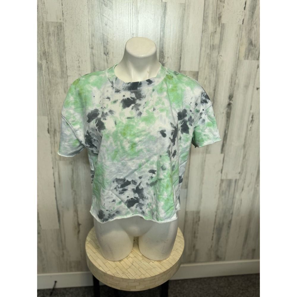 Secret Treasures Tie Dye Cropped Short Sleeve Sweatshirt Green Grey Womens S 4-6